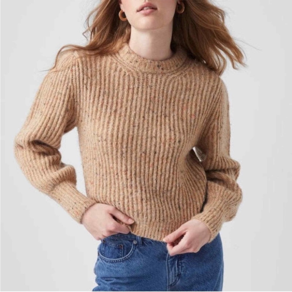 FRENCH CONNECTION Camel Tan Red Speckled Alpaca Wool Puff Balloon Sleeve Sweater